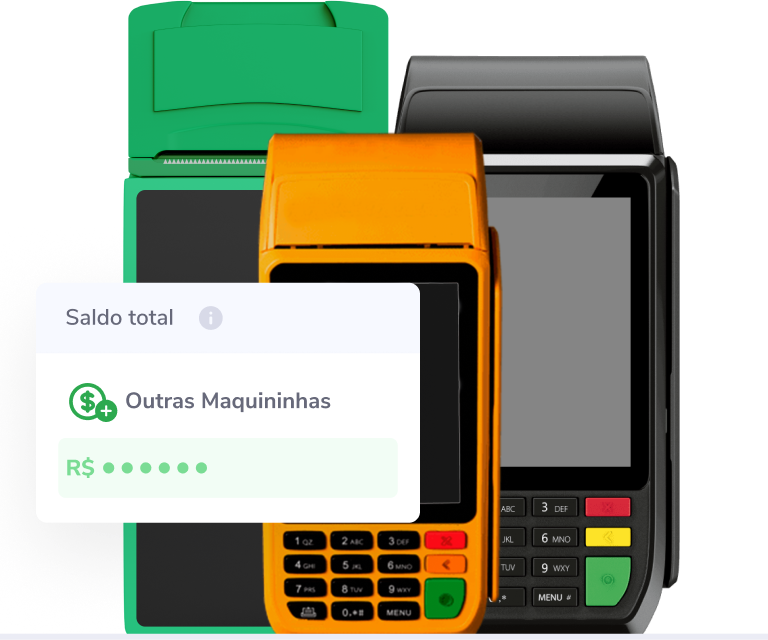 Imagem de três maquininhas de cartão, com pop-up exibindo "Saldo total" de "Outras Maquininhas". Representa portabilidade de saldo para pagar fornecedores com taxa zero, sem precisar de análise.