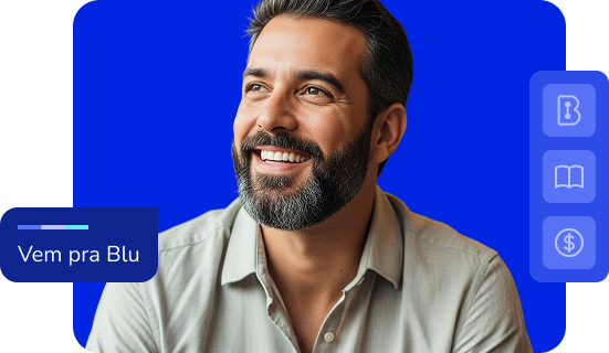 Lojista sorridente com balão "Vem pra Blu" e ícones representando soluções da Blu, como vendas, e-book e gestão financeira.