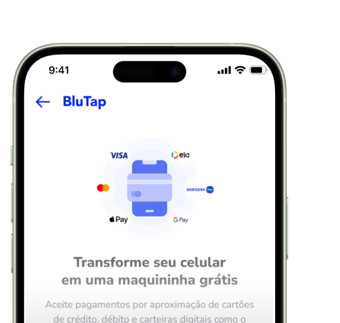 Smartphone (iPhone) com o aplicativo BluTap exibindo as bandeiras Visa, Elo, Mastercard e Samsung Pay. O logo da Apple no canto superior direito indica a compatibilidade com iPhones, em breve. Smartphone (iPhone) com o aplicativo BluTap exibindo as bandeiras Visa, Elo, Mastercard e Samsung Pay. O logo da Apple no canto superior direito indica a compatibilidade com iPhones, em breve.